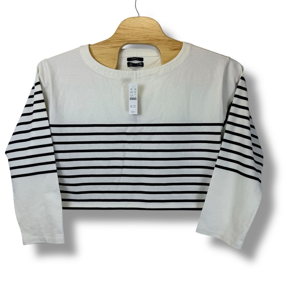 J.Crew Cropped Fit Breton Stripe Top White‎ Black Size Large NWT